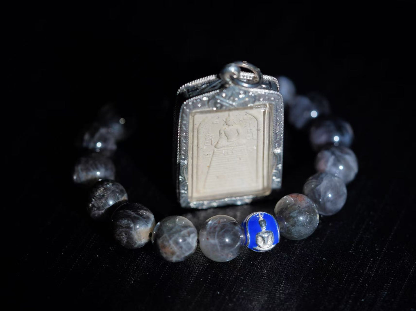 starshine rutile quartz buddha bracelet – royal blue enamel, sterling silver, energy healing jewelry for protection & mindfulness