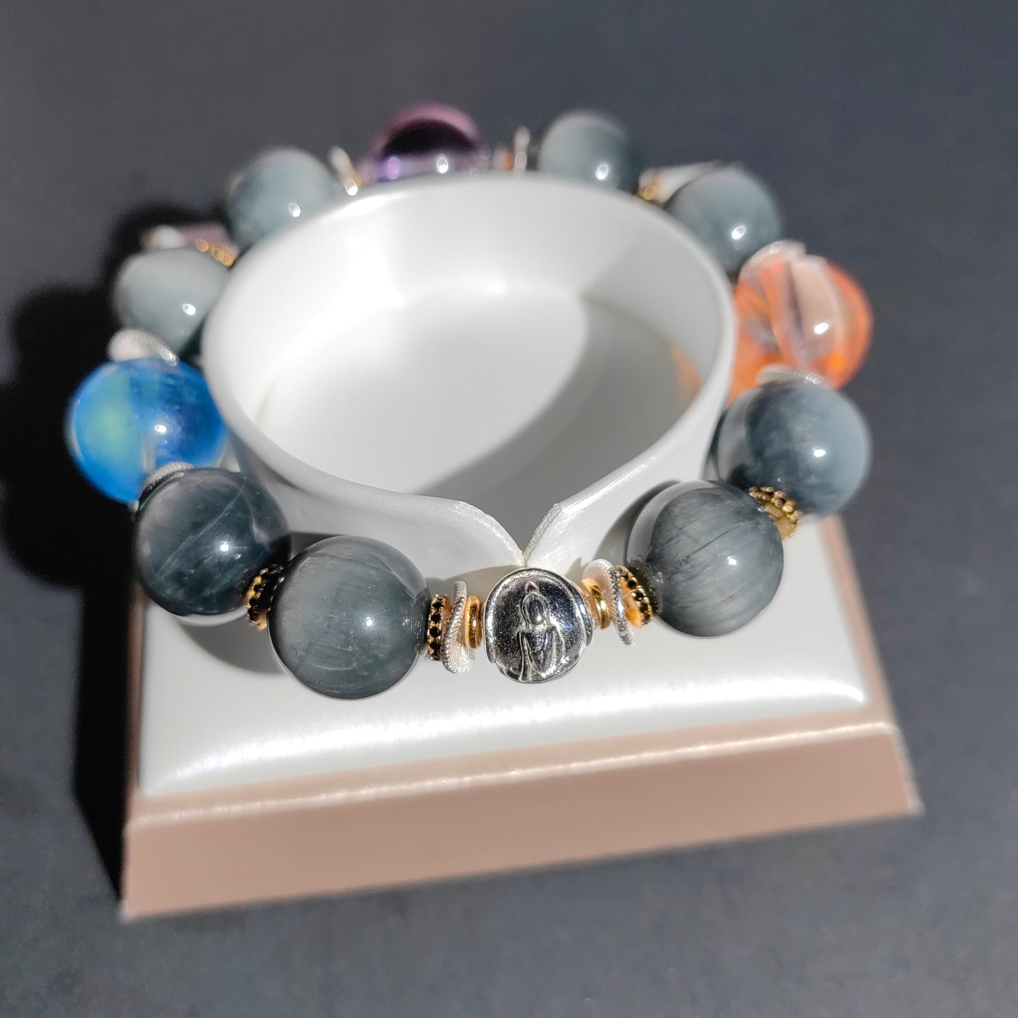 hawk's eye, amethyst & aquamarine bracelet – fanta quartz accents, crystal healing jewelry for balance & empowerment