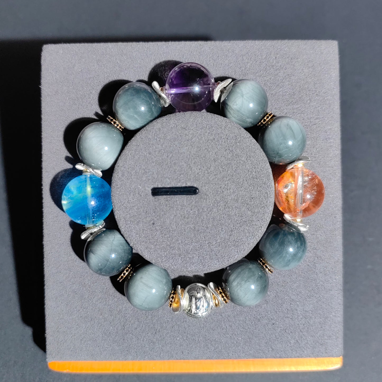 hawk's eye, amethyst & aquamarine bracelet – fanta quartz accents, crystal healing jewelry for balance & empowerment