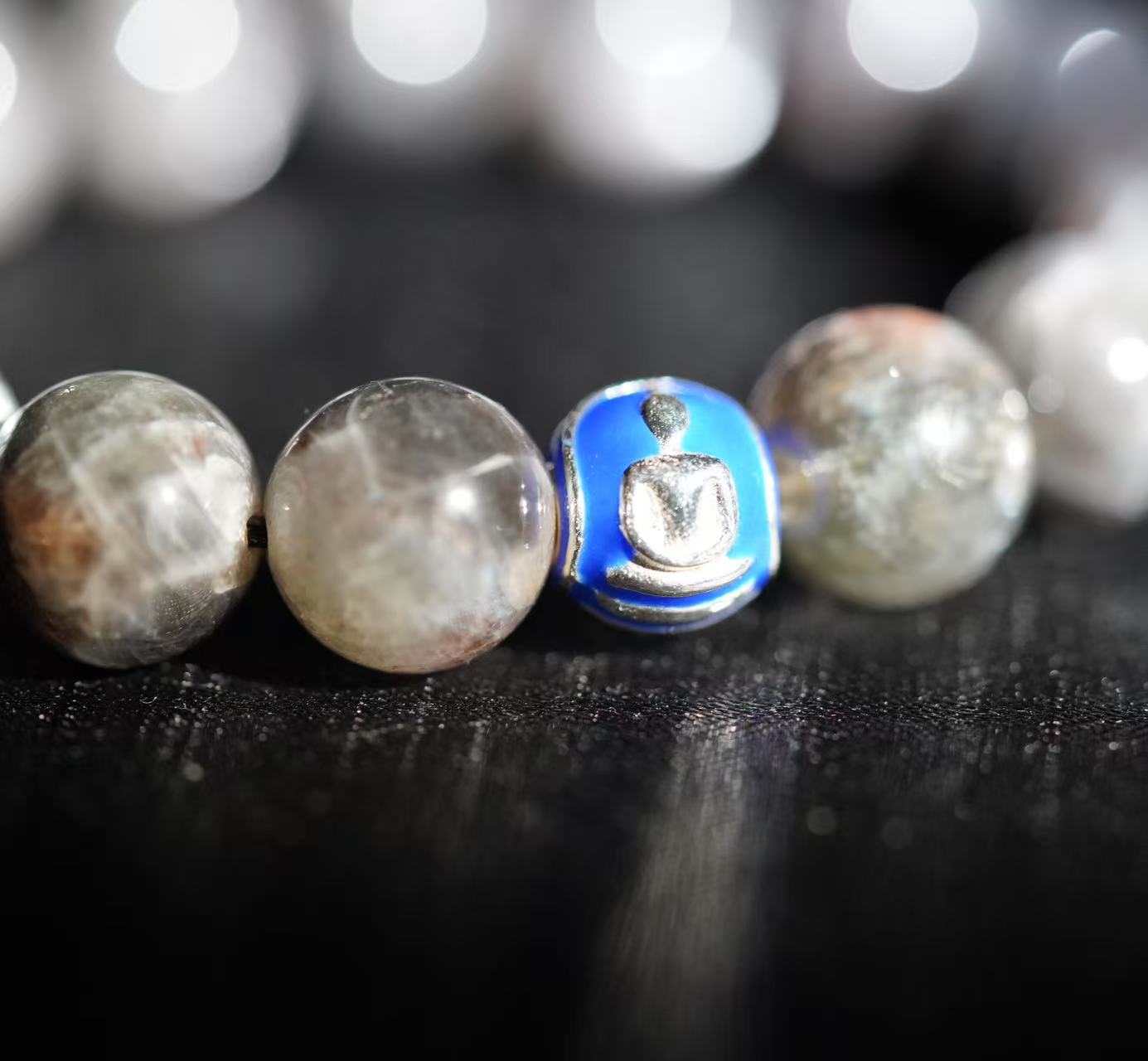 starshine rutile quartz buddha bracelet – royal blue enamel, sterling silver, energy healing jewelry for protection & mindfulness
