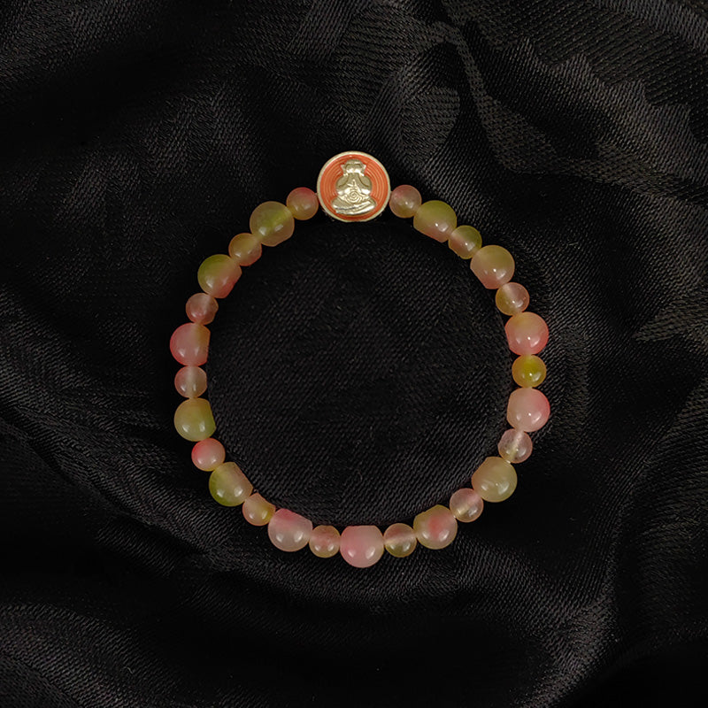 authentic laughing buddha energy stone bracelet - pink chalcedony amulet for positive energy & romantic harmony 