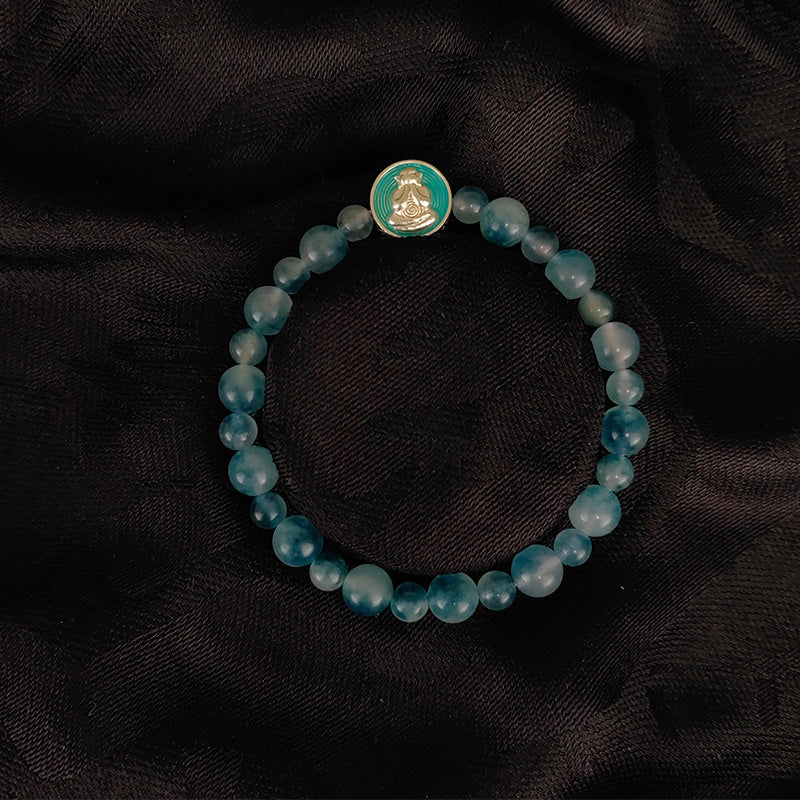 buddhist meditation bracelet - natural blue chalcedony beads & pendant for stress reduction & courage boost"