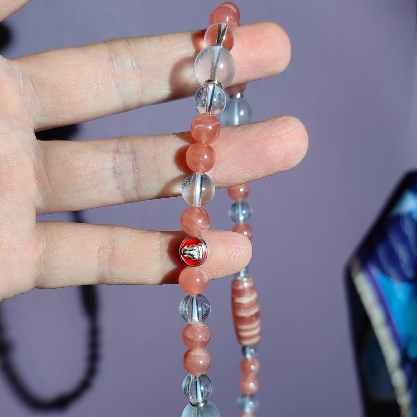 blush pink rhodochrosite mala bracelet – inner peace & protection talisman