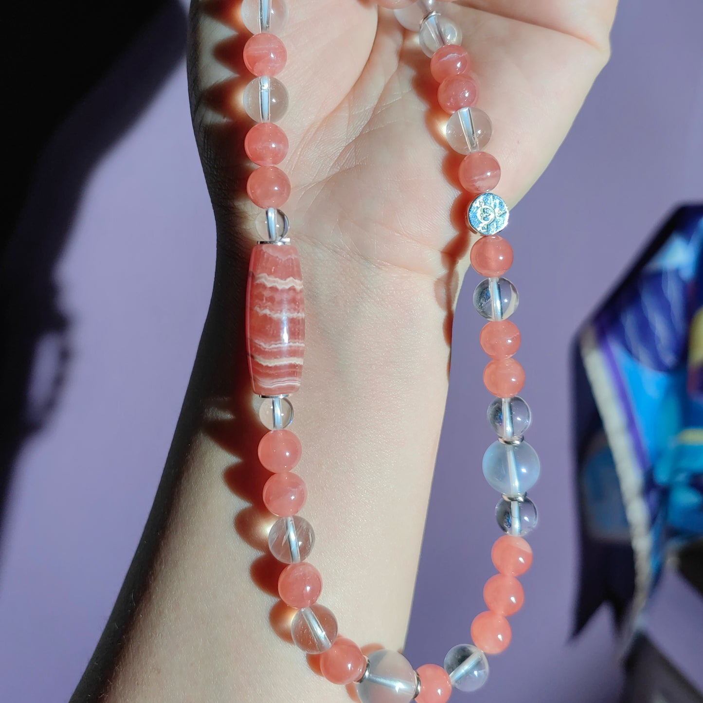 blush pink rhodochrosite mala bracelet – inner peace & protection talisman