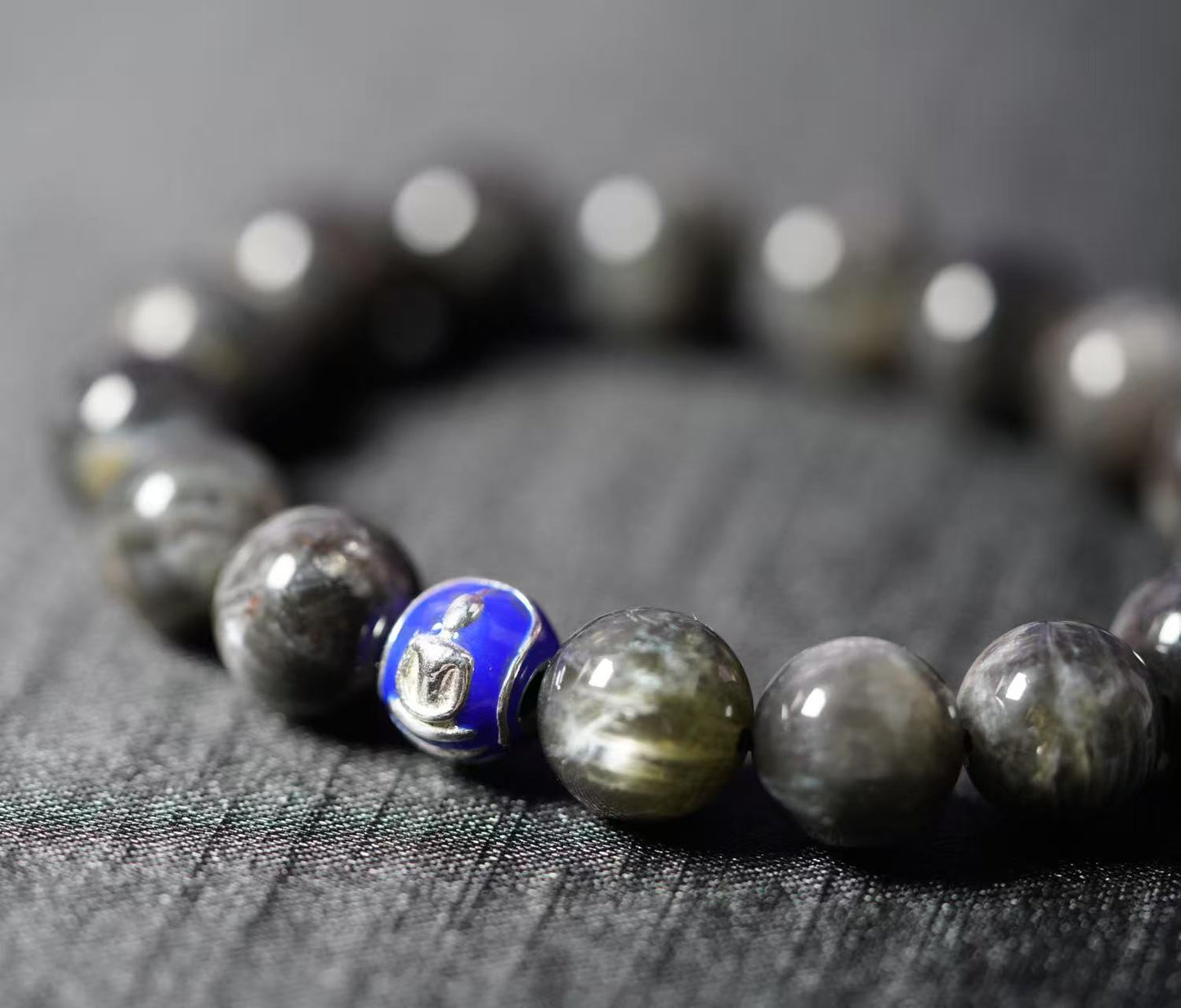starshine rutile quartz buddha bracelet – royal blue enamel, sterling silver, energy healing jewelry for protection & mindfulness