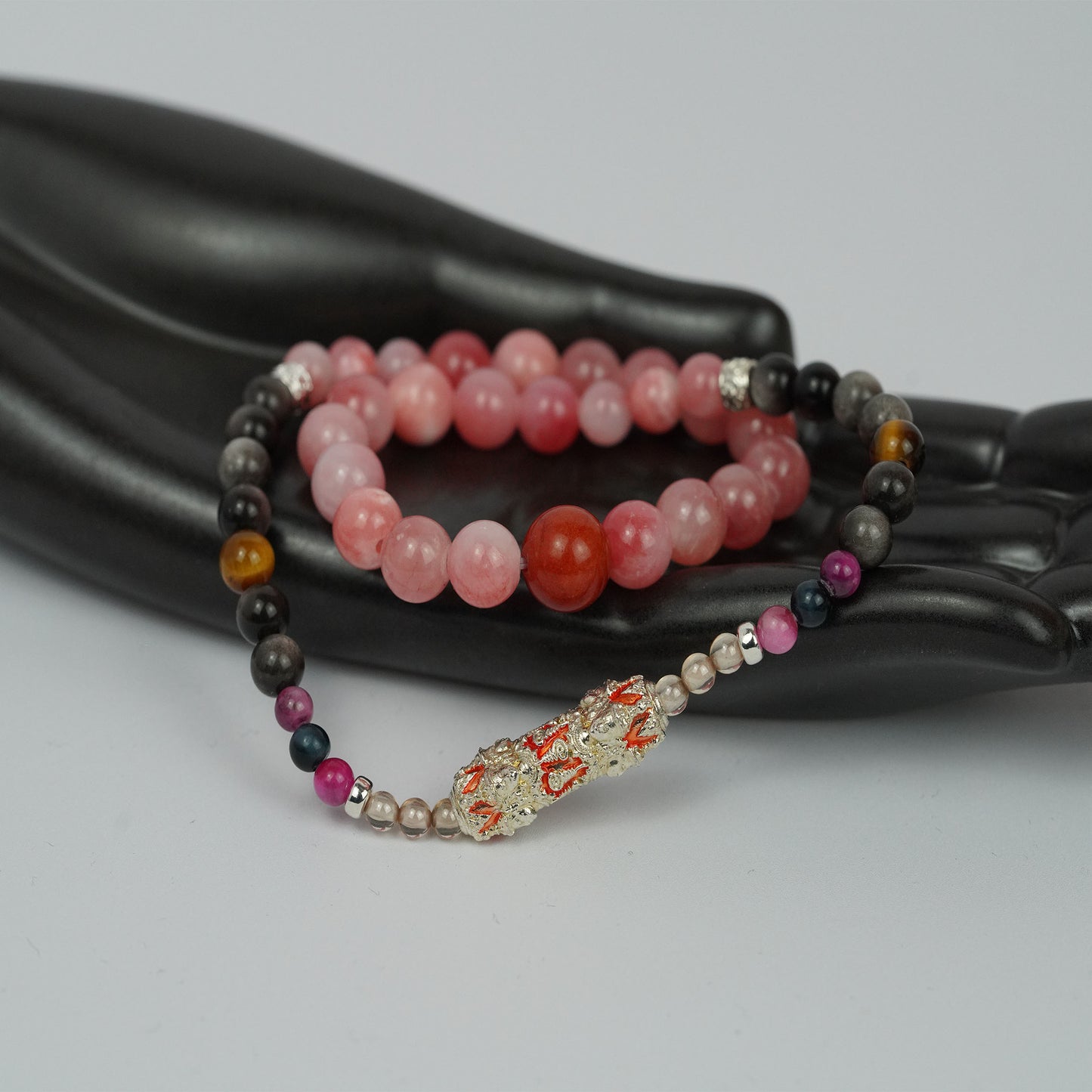 collar de piedra energética de dios de cuatro caras: amuleto de nueve metales con obsidiana y ojo de tigre para protección espiritual, salud y riqueza