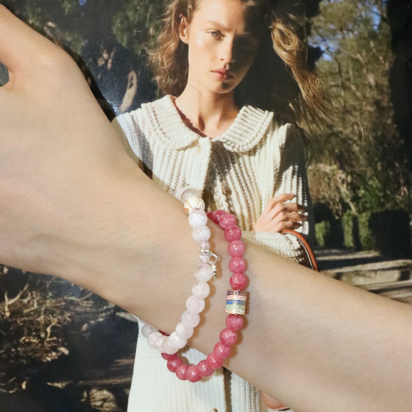 romantic peach-to-white ombré & thai-inspired elegance bracelet (2 strings)