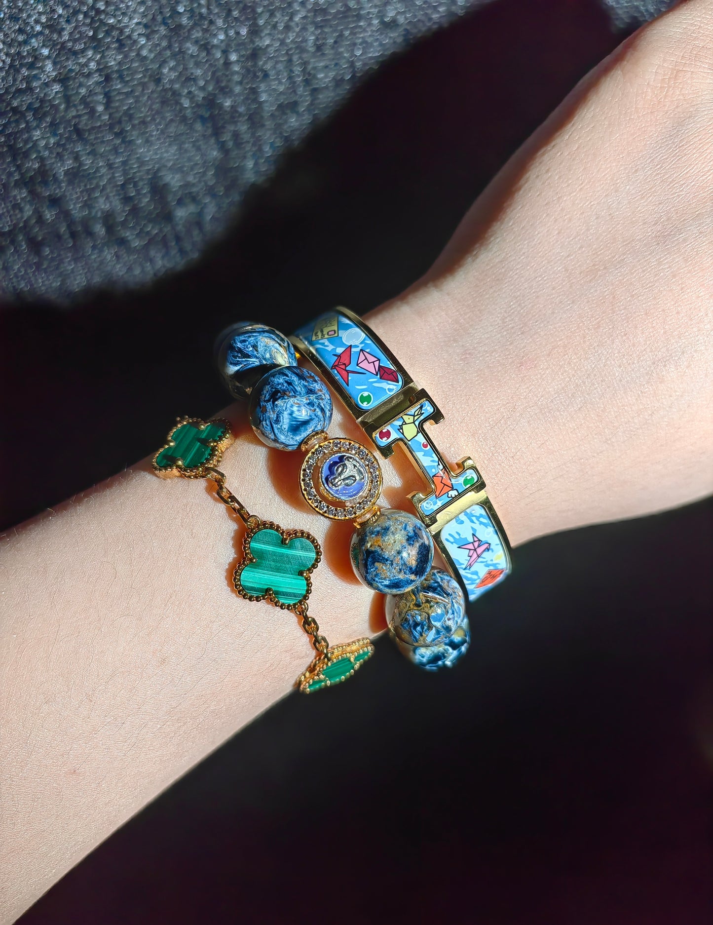pietersite & lapis lazuli buddha bracelet – purple enamel face, gold accents, spiritual protection jewelry