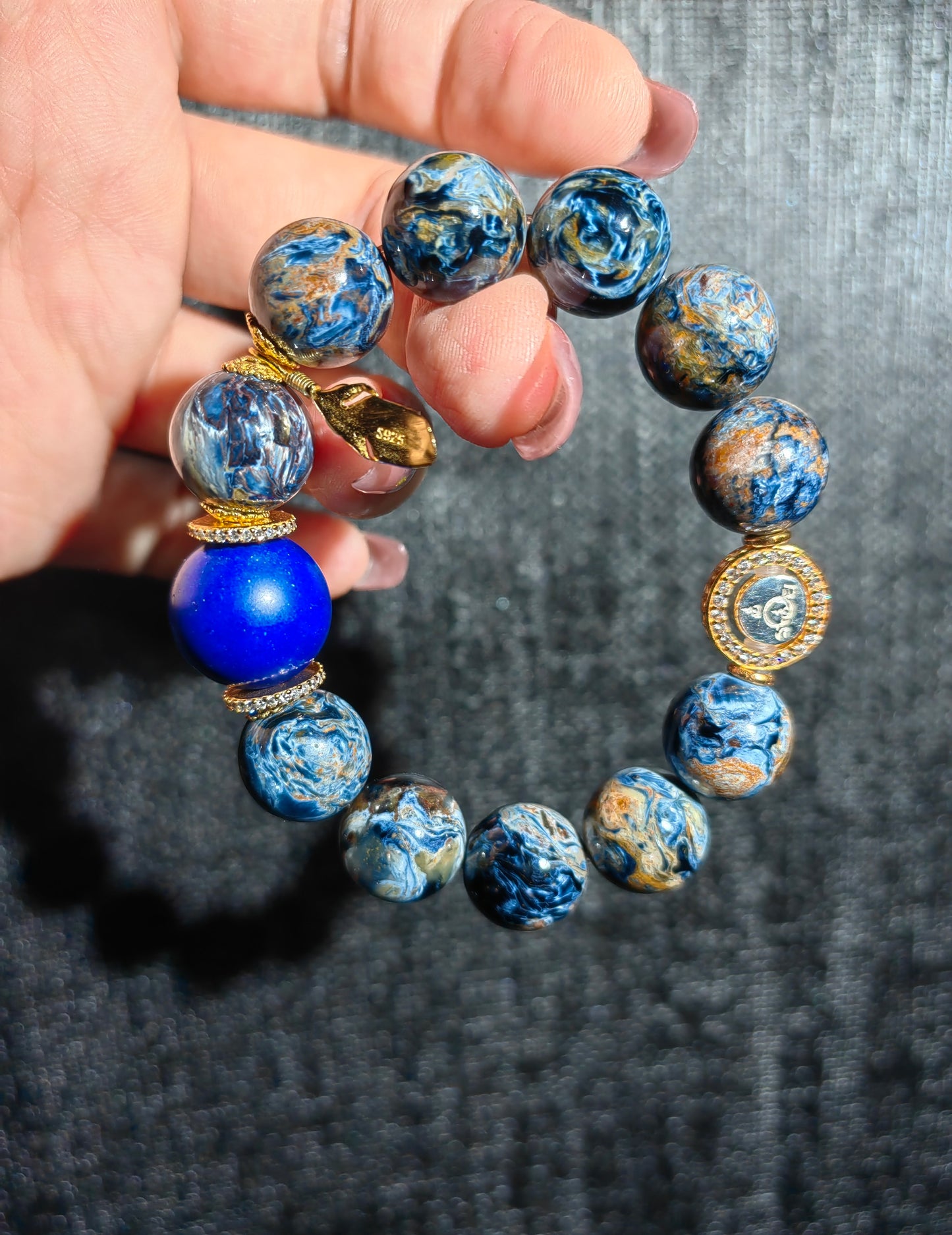 pietersite & lapis lazuli buddha bracelet – purple enamel face, gold accents, spiritual protection jewelry