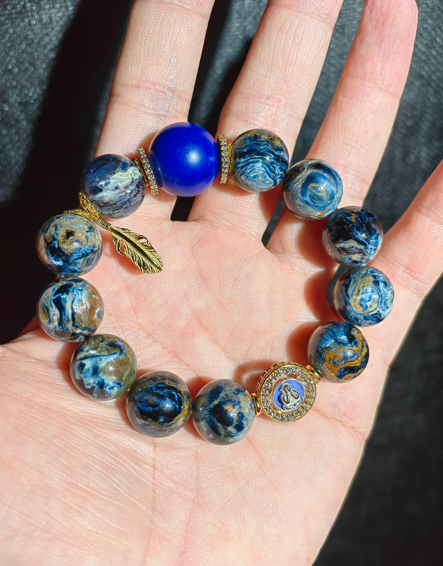 pietersite & lapis lazuli buddha bracelet – purple enamel face, gold accents, spiritual protection jewelry