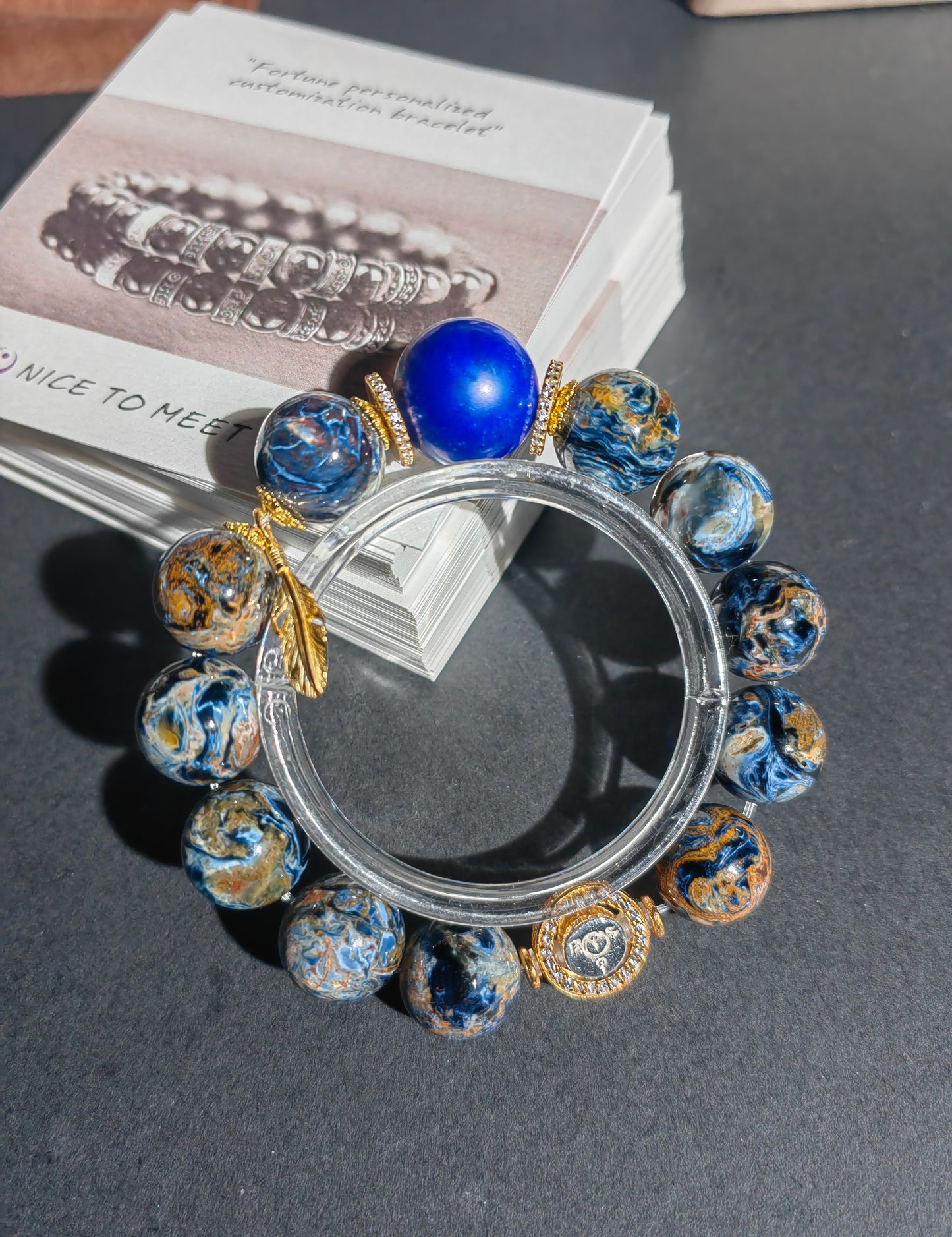 pietersite & lapis lazuli buddha bracelet – purple enamel face, gold accents, spiritual protection jewelry