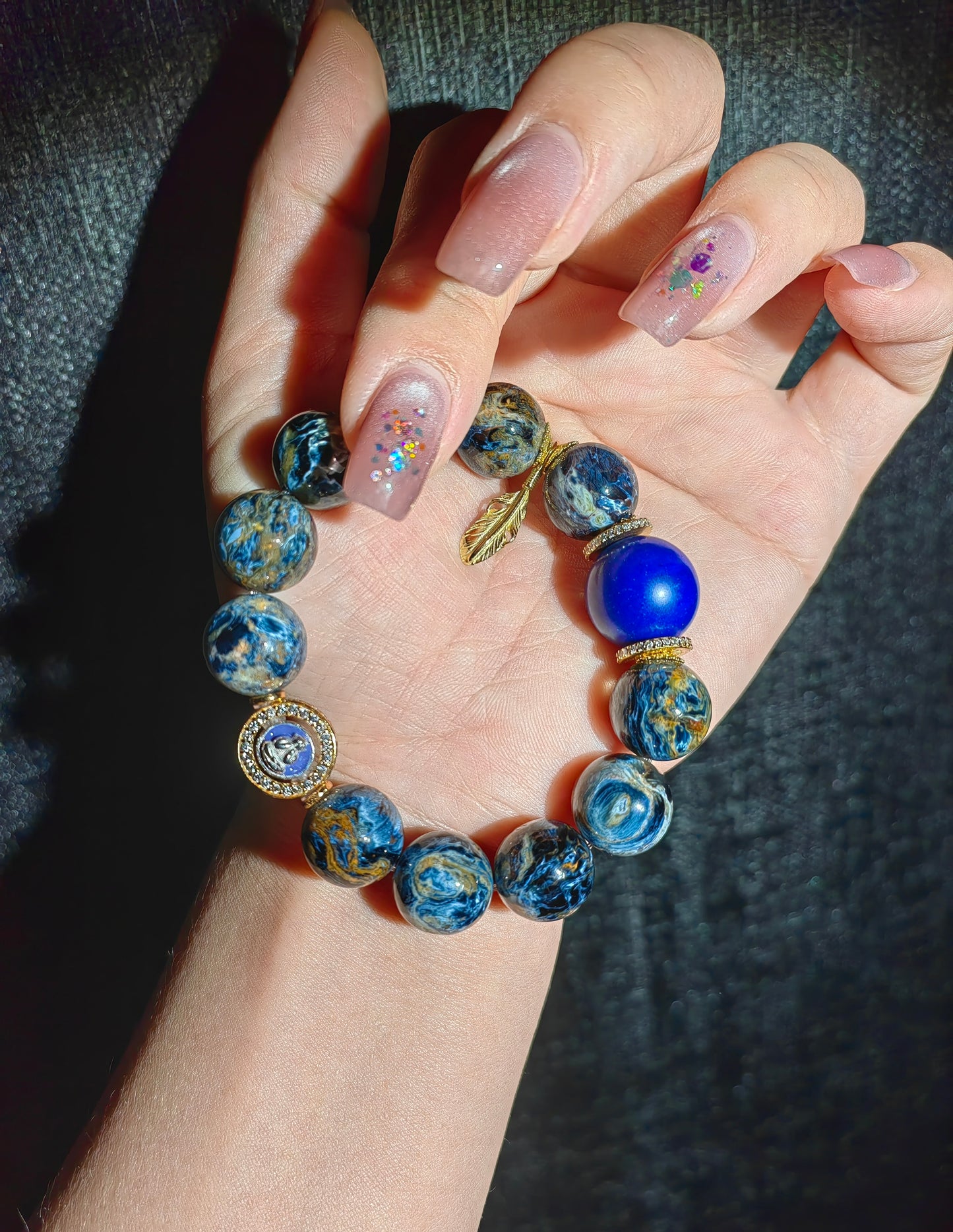 pietersite & lapis lazuli buddha bracelet – purple enamel face, gold accents, spiritual protection jewelry