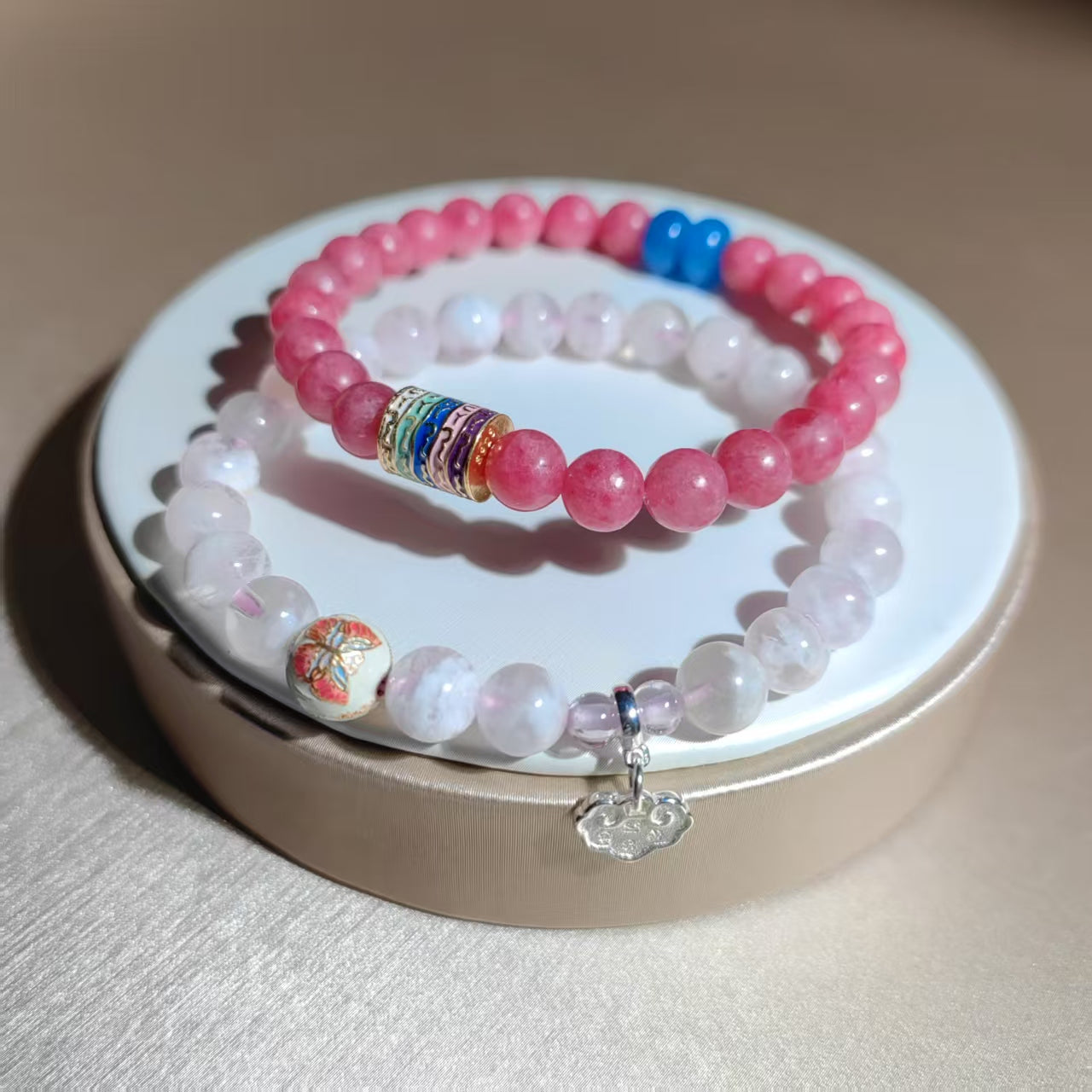 romantic peach-to-white ombré & thai-inspired elegance bracelet (2 strings)