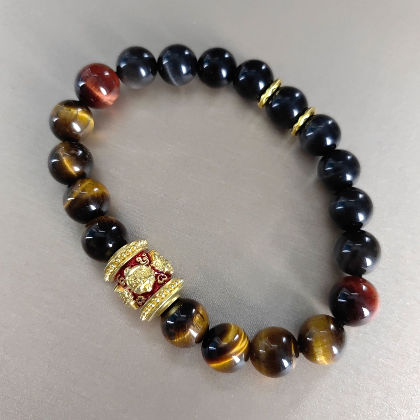 tiger eye stone power bracelet - 5 eyes 4 ears spiritual jewelry with antique enameled copper(natural gemstone gift for him/her)