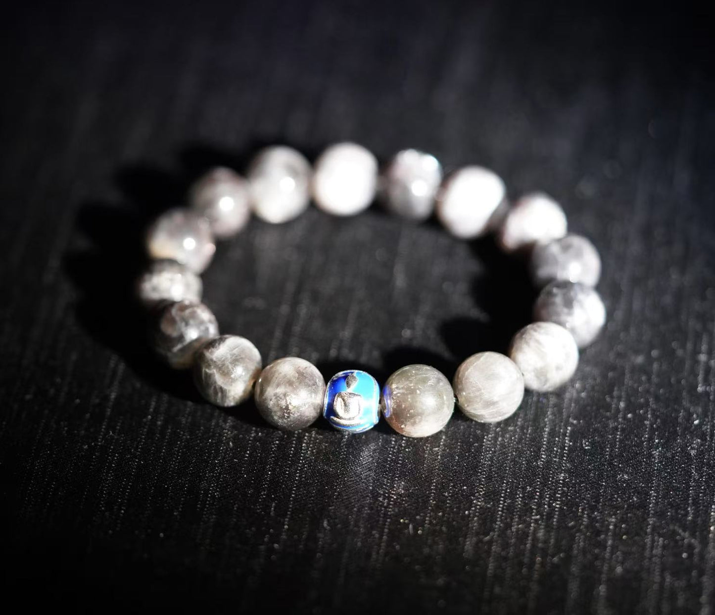 starshine rutile quartz buddha bracelet – royal blue enamel, sterling silver, energy healing jewelry for protection & mindfulness