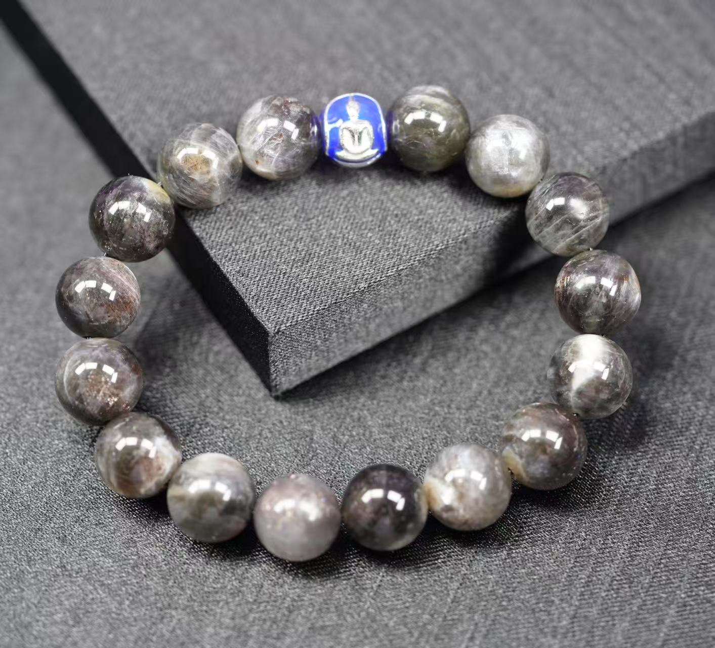 starshine rutile quartz buddha bracelet – royal blue enamel, sterling silver, energy healing jewelry for protection & mindfulness