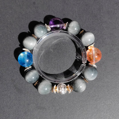 Hawk's Eye, Amethyst & Aquamarine Bracelet – Fanta Quartz Accents, Crystal Healing Jewelry for Balance & Empowerment