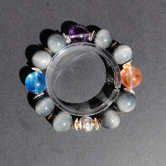 Hawk's Eye, Amethyst & Aquamarine Bracelet – Fanta Quartz Accents, Crystal Healing Jewelry for Balance & Empowerment