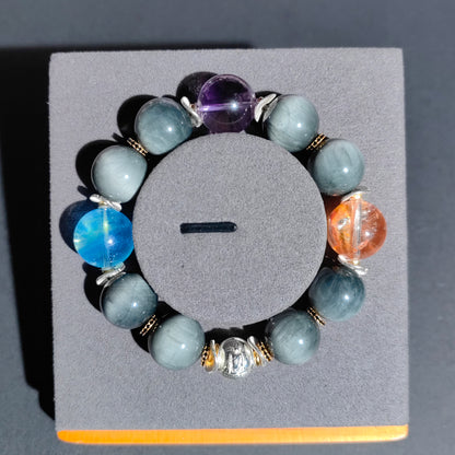 Hawk's Eye, Amethyst & Aquamarine Bracelet – Fanta Quartz Accents, Crystal Healing Jewelry for Balance & Empowerment