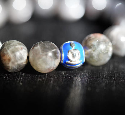 Starshine Rutile Quartz Buddha Bracelet – Royal Blue Enamel, Sterling Silver, Energy Healing Jewelry for Protection & Mindfulness