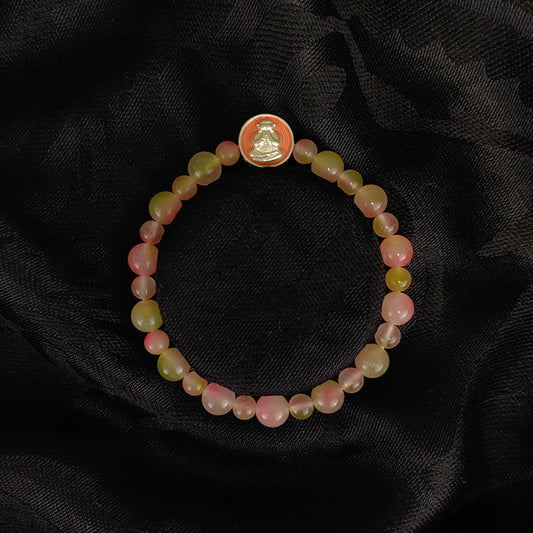 Pulsera auténtica de piedra energética de Buda sonriente: amuleto de calcedonia rosa para energía positiva y armonía romántica
