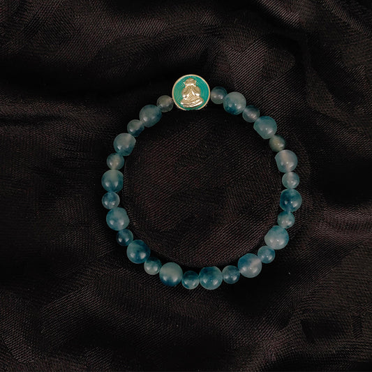 Pulsera de meditación budista: cuentas de calcedonia azul natural y colgante para reducir el estrés y aumentar el coraje
