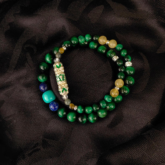 Green Tiger Eye Energy Stone Necklace with Lapis Lazuli Beads - Sacred Amulet for Wealth Attraction & Positive Energy ﻿