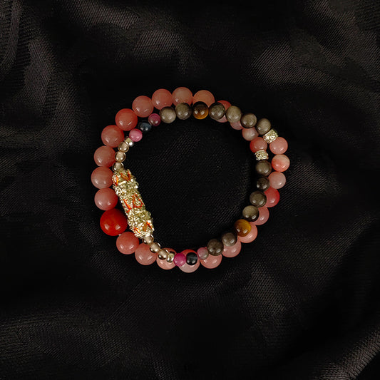 Four-Faced God Energy Stone Necklace - Nine Metals Amulet with Obsidian & Tiger Eye for Spiritual Protection, Health & Wealth
