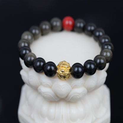 Collar unisex de energía del miércoles negro: talismán tribal Lahu con obsidiana con brillo dorado