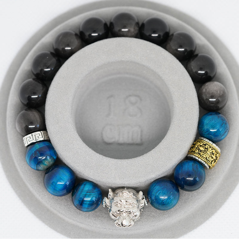 pulsera energética de cinco ojos y cuatro orejas con piedra de obsidiana y ojo de tigre para la confianza social y un aura positiva
