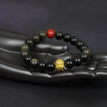 Collar unisex de energía del miércoles negro: talismán tribal Lahu con obsidiana con brillo dorado