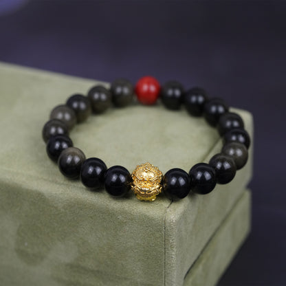 Collar unisex de energía del miércoles negro: talismán tribal Lahu con obsidiana con brillo dorado