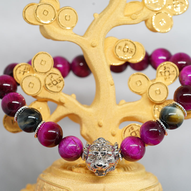 pulsera de energía de cinco ojos de cuarzo rosa encantado: esmalte de nueve metales y piedra de ojo de tigre para protección espiritual y amor