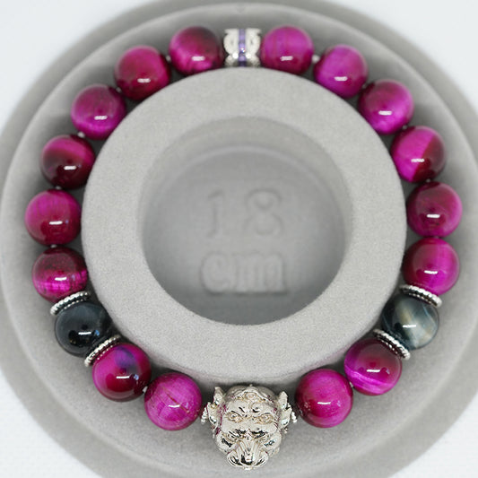 Pulsera de energía de cinco ojos de cuarzo rosa encantado: esmalte de nueve metales y piedra de ojo de tigre para protección espiritual y amor