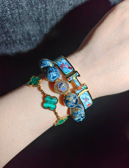 Pietersite & Lapis Lazuli Buddha Bracelet – Purple Enamel Face, Gold Accents, Spiritual Protection Jewelry
