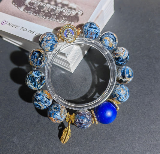Pietersite & Lapis Lazuli Buddha Bracelet – Purple Enamel Face, Gold Accents, Spiritual Protection Jewelry
