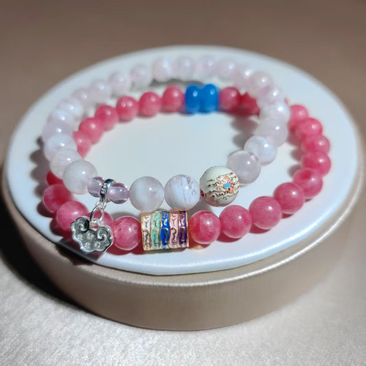 Romantic Peach-to-White Ombré & Thai-Inspired Elegance Bracelet （2 strings）