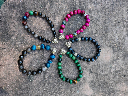 Pulsera de energía de cinco ojos de cuarzo rosa encantado: esmalte de nueve metales y piedra de ojo de tigre para protección espiritual y amor