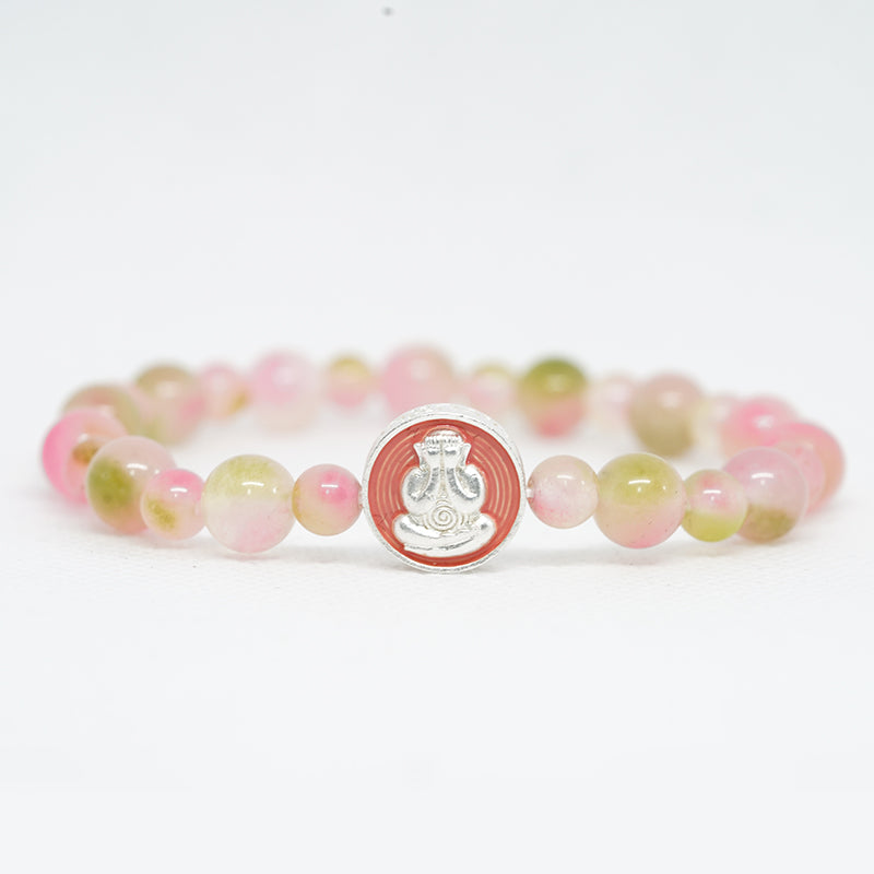 pulsera auténtica de piedra energética de buda sonriente: amuleto de calcedonia rosa para energía positiva y armonía romántica
