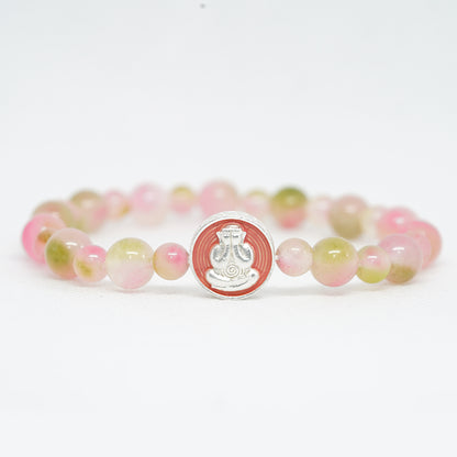Pulsera auténtica de piedra energética de Buda sonriente: amuleto de calcedonia rosa para energía positiva y armonía romántica