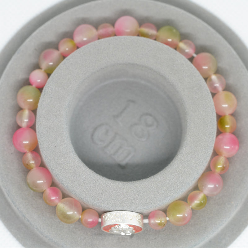 pulsera auténtica de piedra energética de buda sonriente: amuleto de calcedonia rosa para energía positiva y armonía romántica