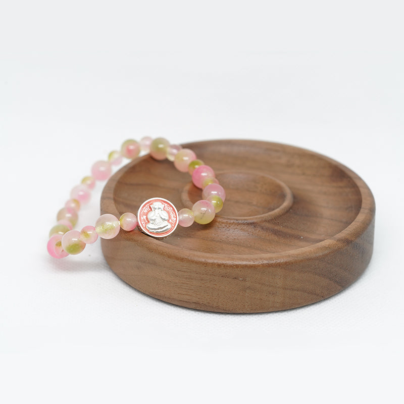 pulsera auténtica de piedra energética de buda sonriente: amuleto de calcedonia rosa para energía positiva y armonía romántica