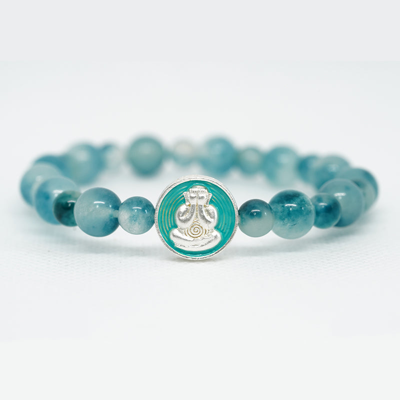 pulsera de meditación budista: cuentas de calcedonia azul natural y colgante para reducir el estrés y aumentar el coraje