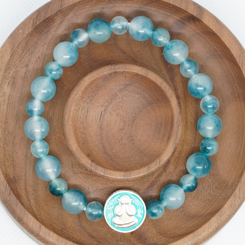pulsera de meditación budista: cuentas de calcedonia azul natural y colgante para reducir el estrés y aumentar el coraje