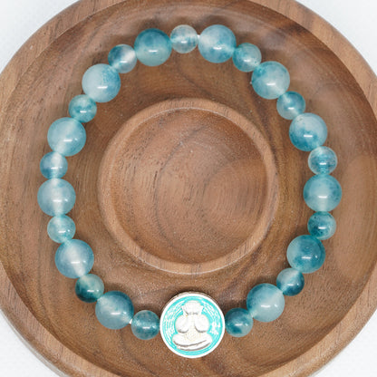 Pulsera de meditación budista: cuentas de calcedonia azul natural y colgante para reducir el estrés y aumentar el coraje