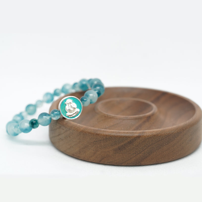 pulsera de meditación budista: cuentas de calcedonia azul natural y colgante para reducir el estrés y aumentar el coraje