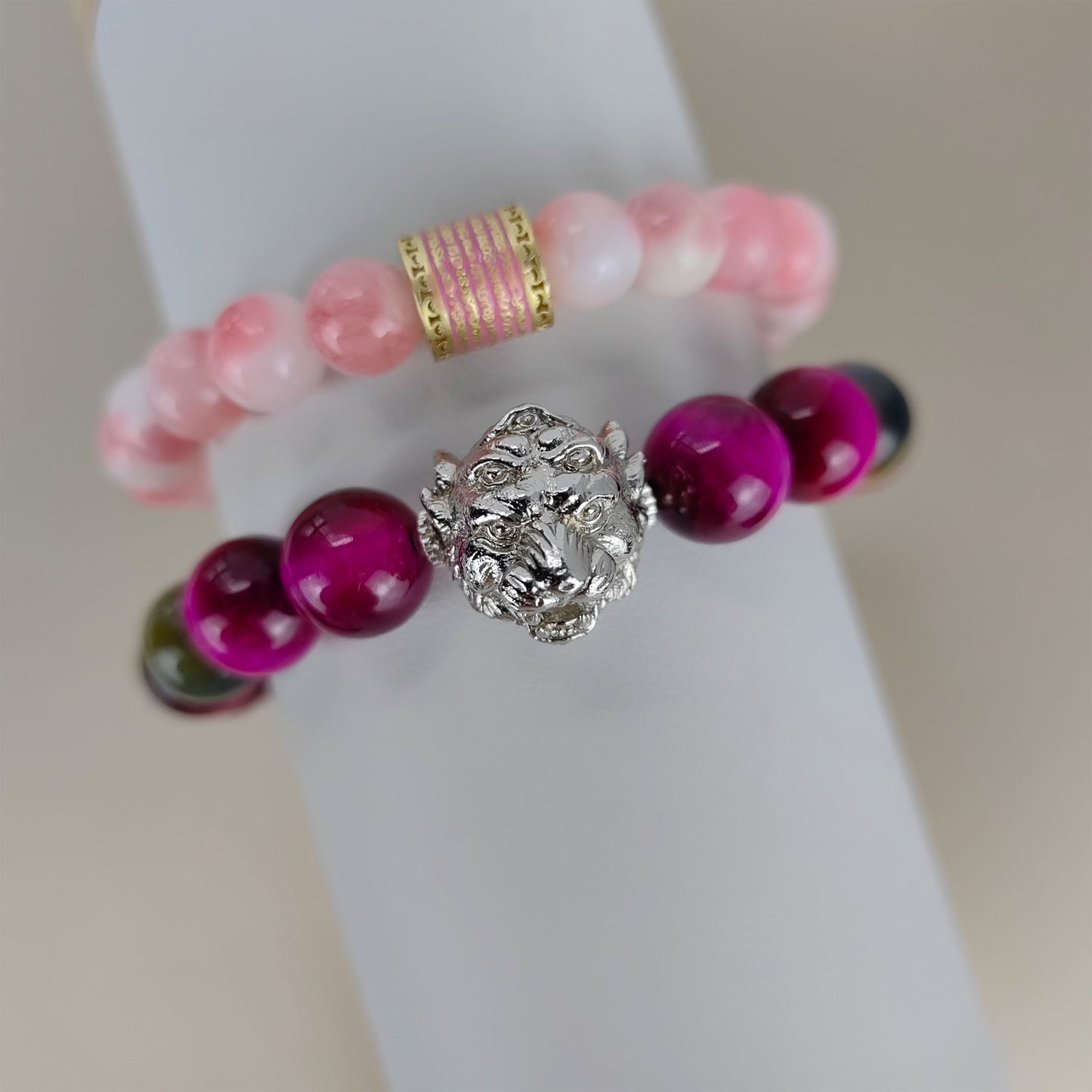 pulsera de energía de cinco ojos de cuarzo rosa encantado: esmalte de nueve metales y piedra de ojo de tigre para protección espiritual y amor