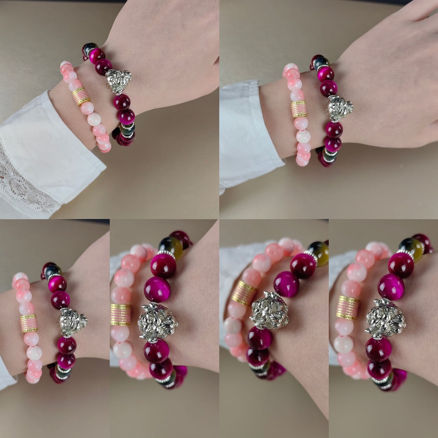 pulsera de energía de cinco ojos de cuarzo rosa encantado: esmalte de nueve metales y piedra de ojo de tigre para protección espiritual y amor