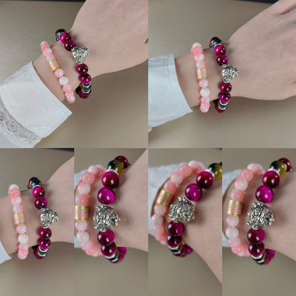 Pulsera de energía de cinco ojos de cuarzo rosa encantado: esmalte de nueve metales y piedra de ojo de tigre para protección espiritual y amor