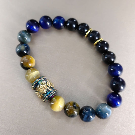 Pulsera energética de ojo de tigre que equilibra los chakras, de latón esmaltado y diseño de múltiples piedras preciosas para mayor coraje y vitalidad